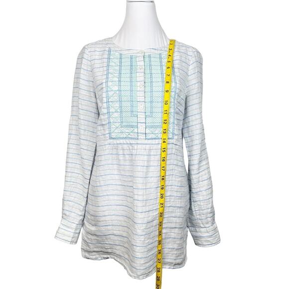 Vineyard Vines Linen Top Womens Size 2 Beach Blue Green Embroidered Tunic Boho - Picture 6 of 7